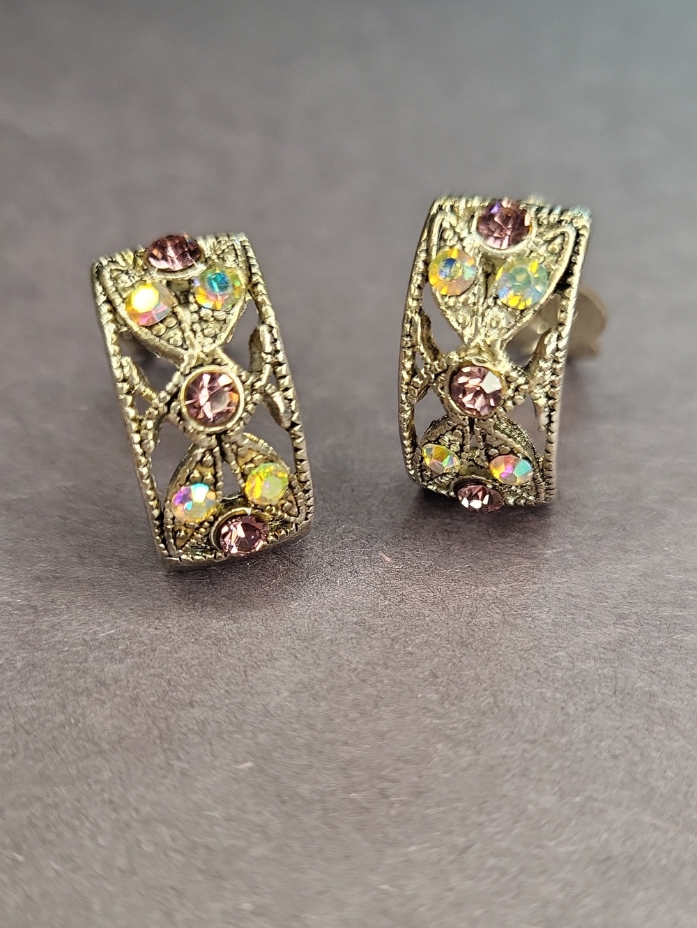 Vintage-Inspired Gold Tone Pink & Iridescent Crystal Hoop Earrings